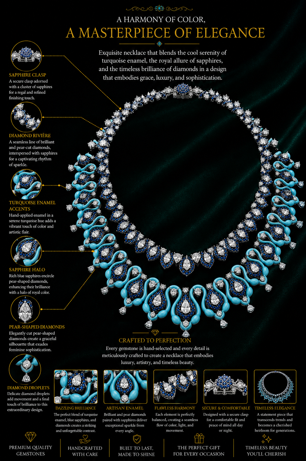 Turquoise, Sapphire & Diamond Couture Statement Necklace