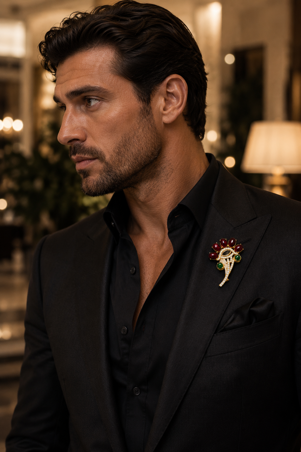Ruby Cabochon & Emerald Floral Spray Brooch with Marquise Crystal Centre in Gold