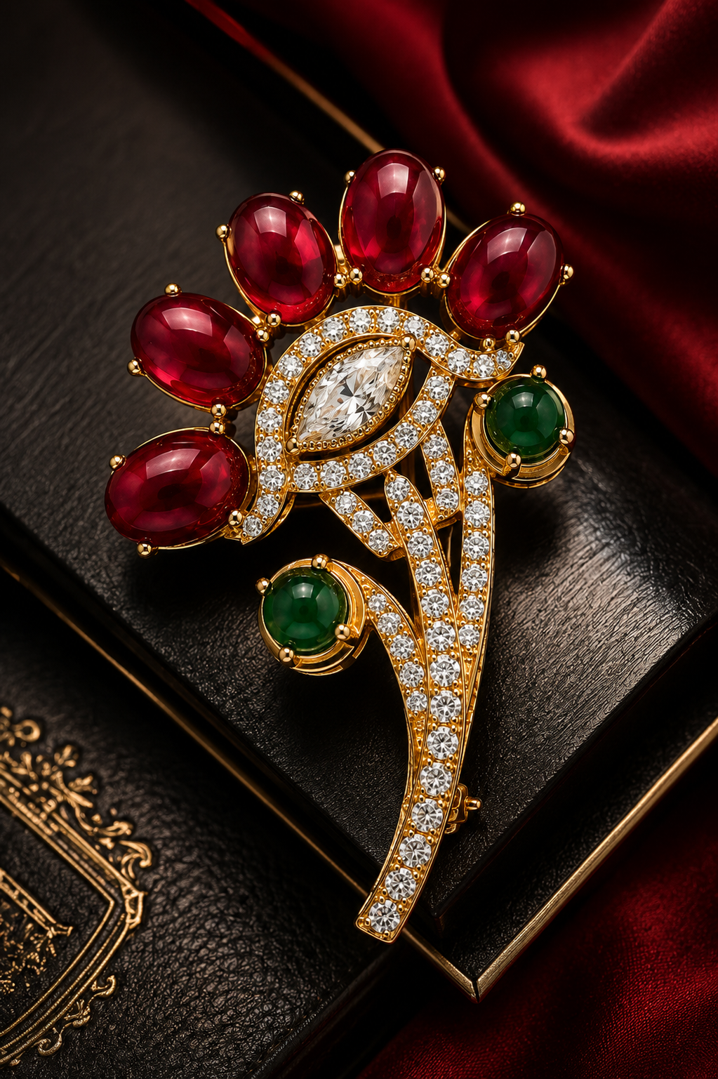 Ruby Cabochon & Emerald Floral Spray Brooch with Marquise Crystal Centre in Gold