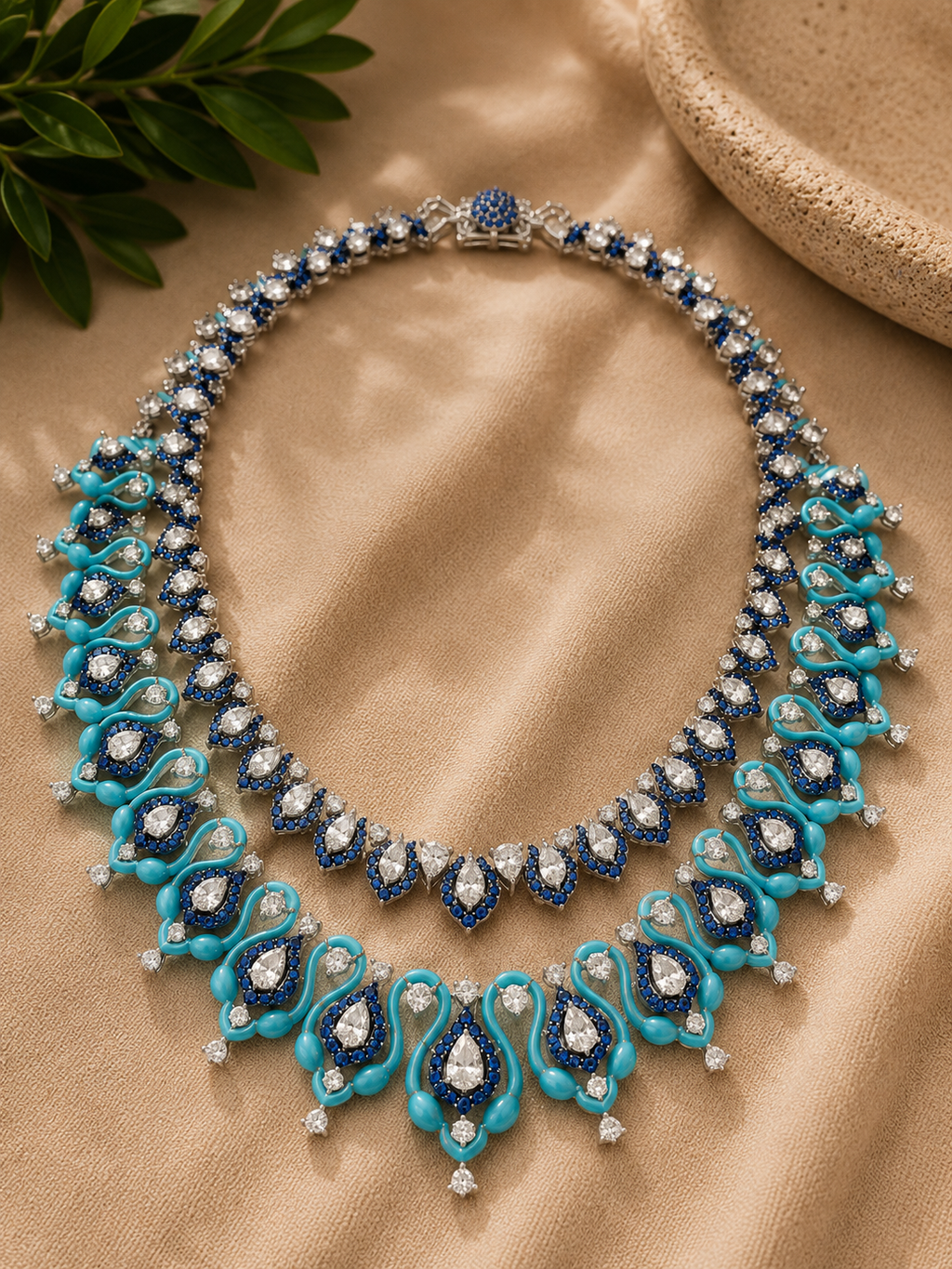 Turquoise, Sapphire & Diamond Couture Statement Necklace