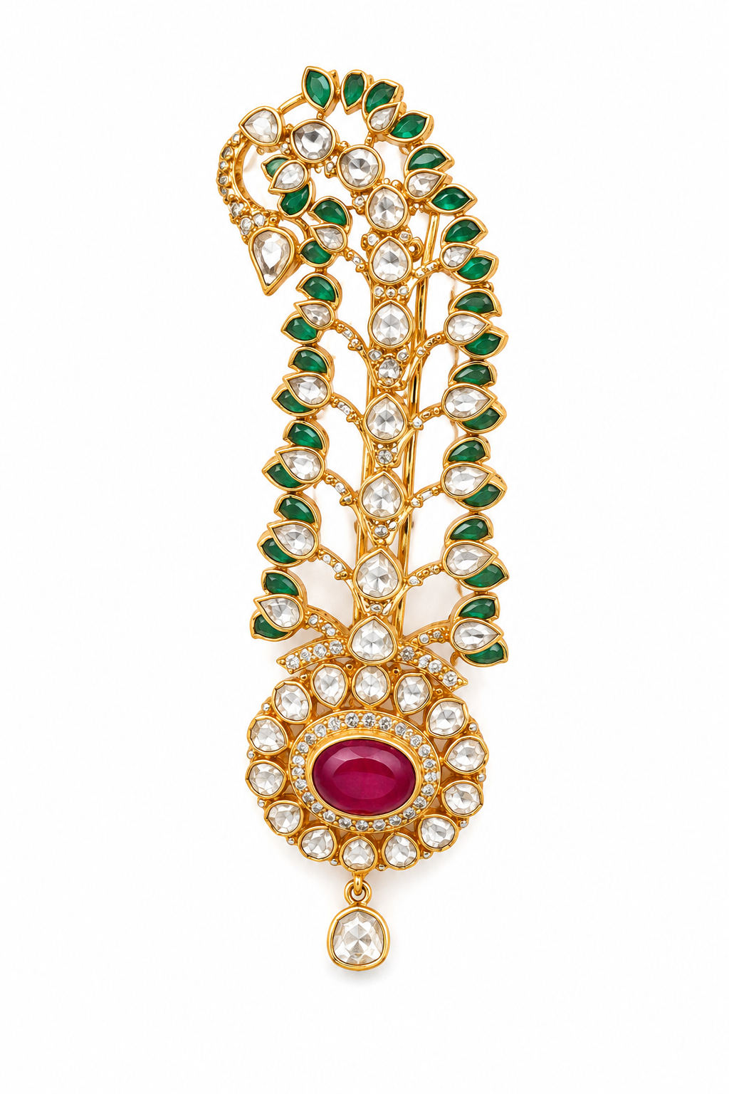 Emerald Ruby Feather Style Kundan Kilangi Brooch