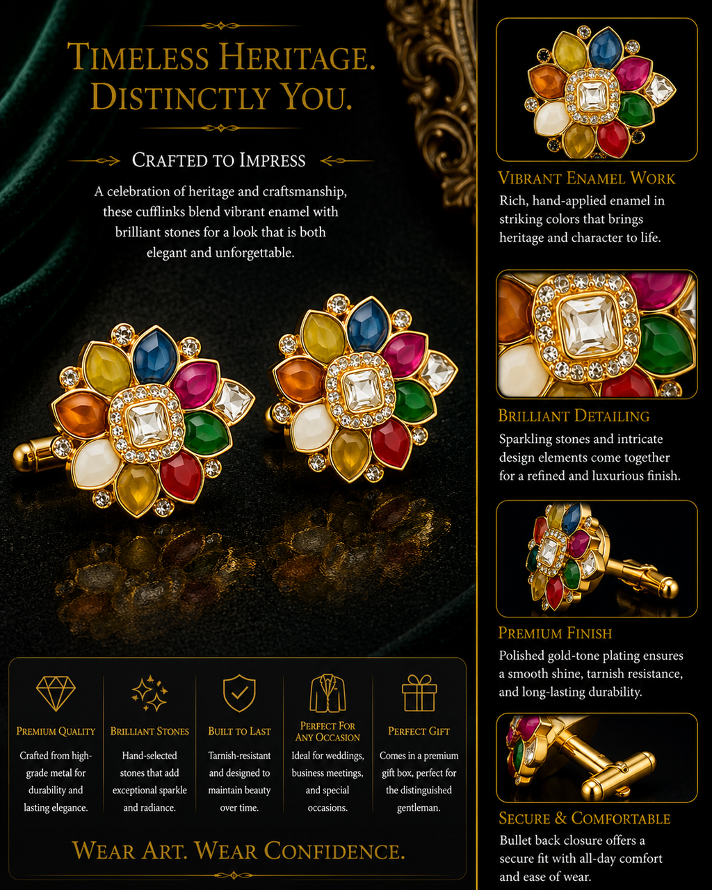 Gold Floral Multi-Color Stone Cufflinks – Luxury Jewelry for Weddings and Festive Wear