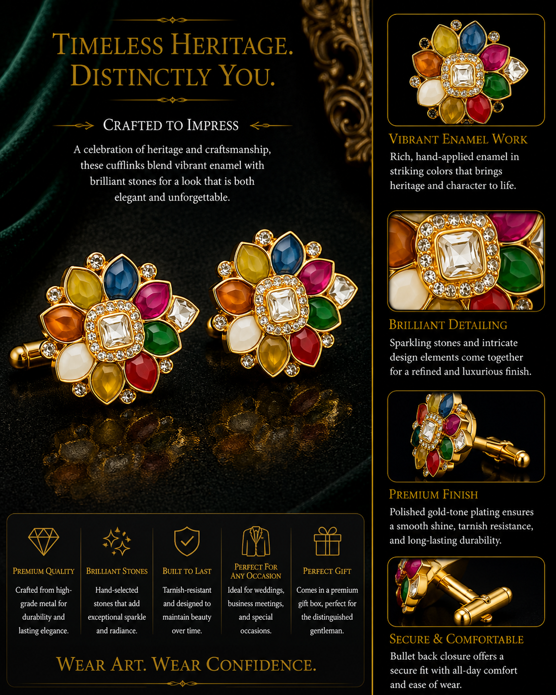 Gold Floral Multi-Color Stone Cufflinks – Luxury Jewelry for Weddings and Festive Wear