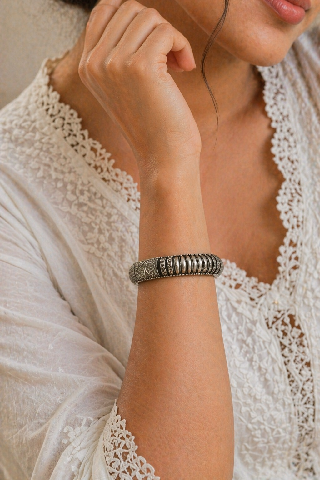 Oxidized Silver Ribbed Statement Bracelet with Engraved Detailing