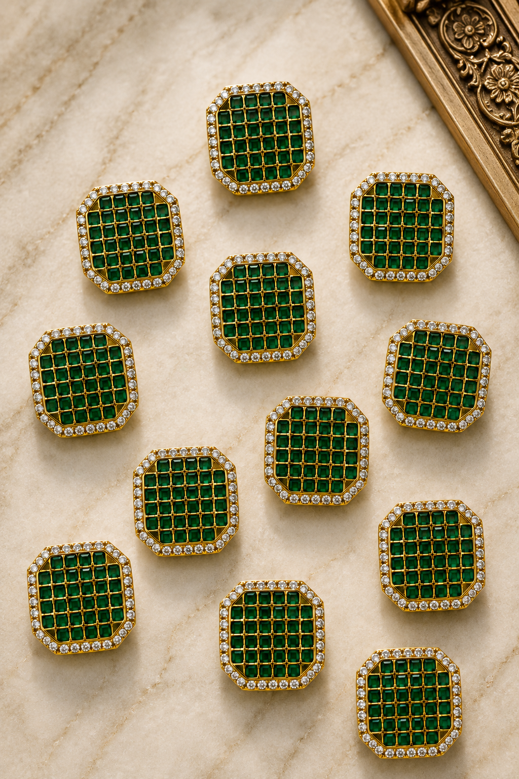 Ornate Square Jewelry Buttons for Sherwanis & Suits – Green and White Crystal Set