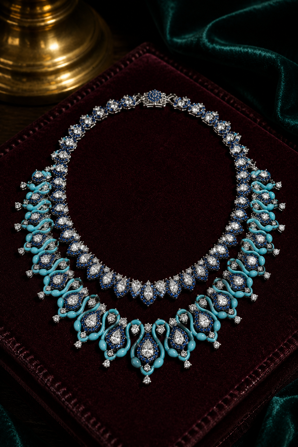 Turquoise, Sapphire & Diamond Couture Statement Necklace