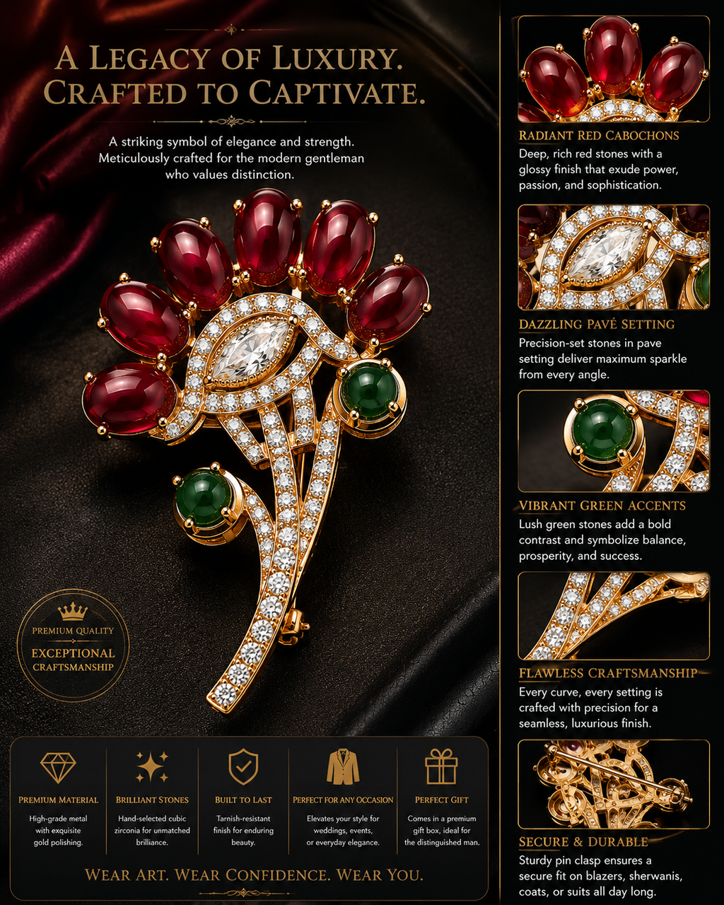Ruby Cabochon & Emerald Floral Spray Brooch with Marquise Crystal Centre in Gold