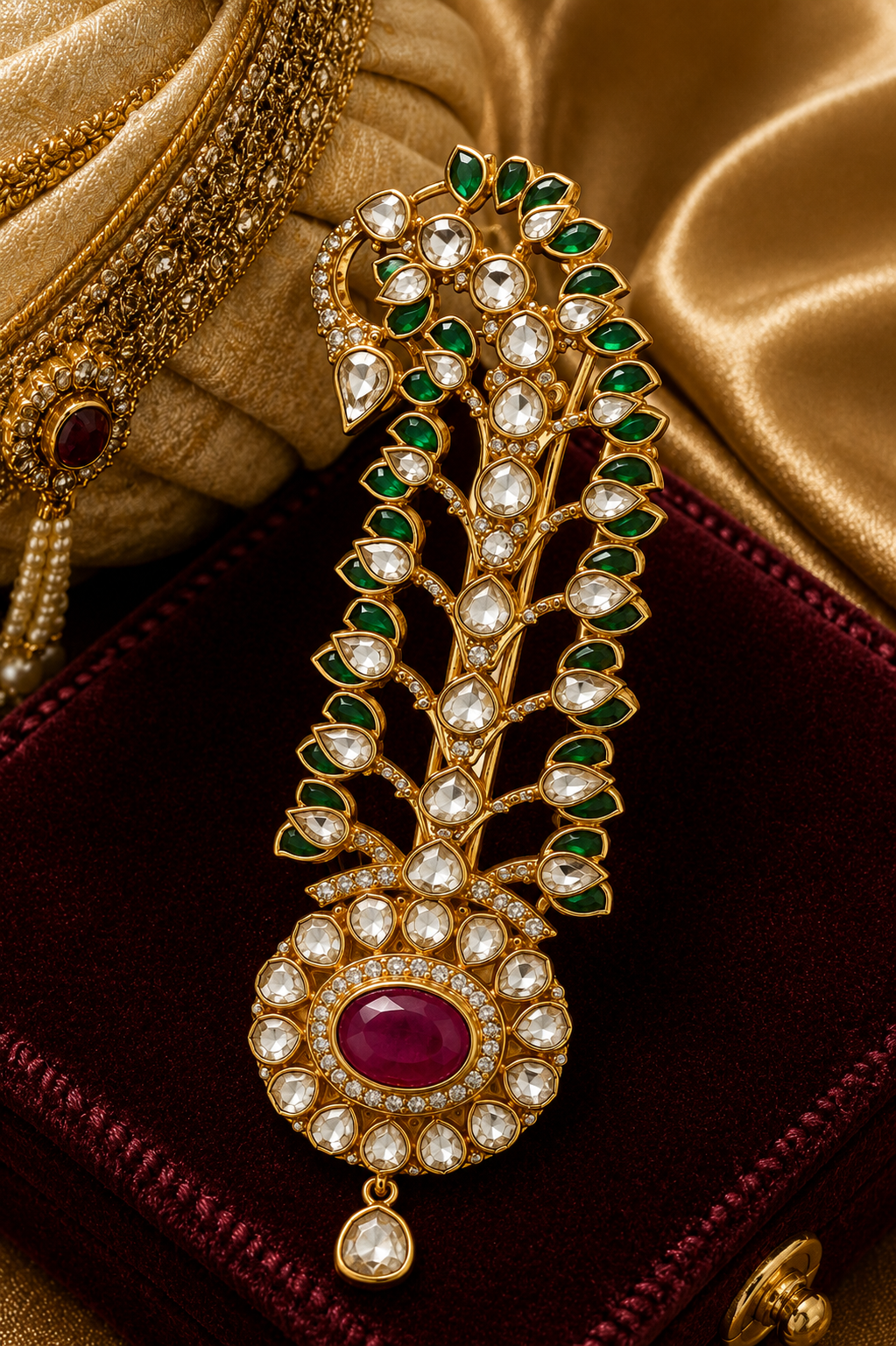 Emerald Ruby Feather Style Kundan Kilangi Brooch