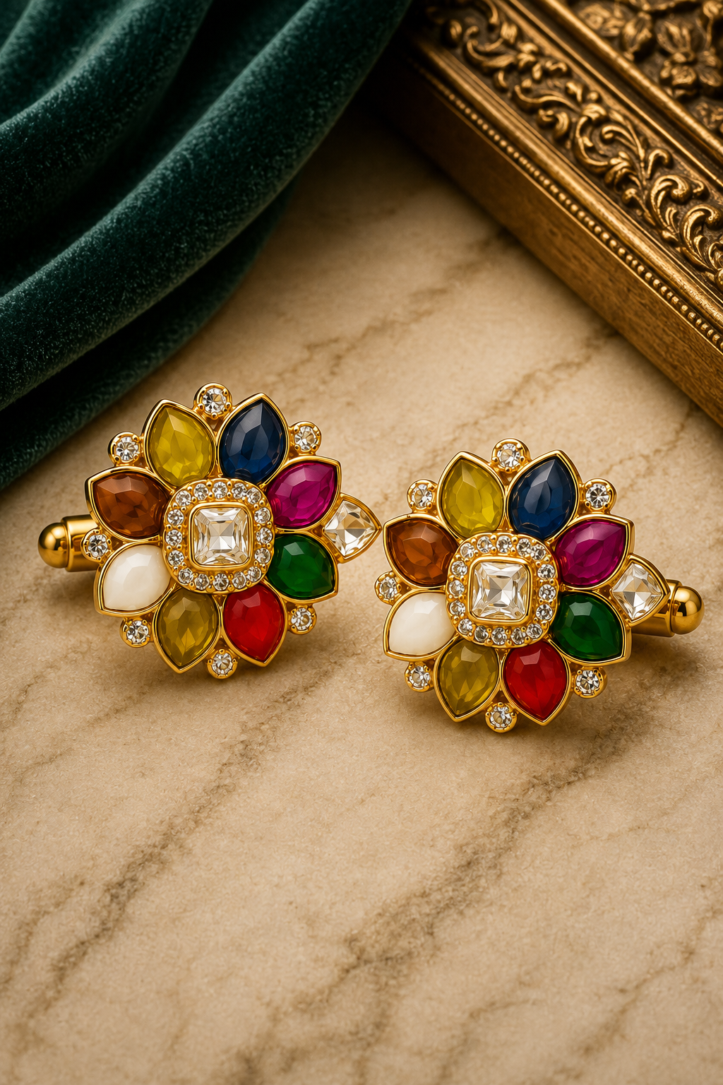 Gold Floral Multi-Color Stone Cufflinks – Luxury Jewelry for Weddings and Festive Wear