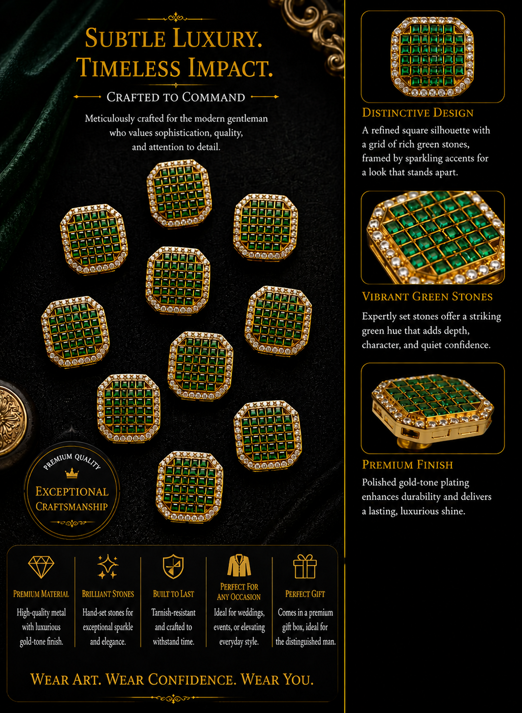 Ornate Square Jewelry Buttons for Sherwanis & Suits – Green and White Crystal Set