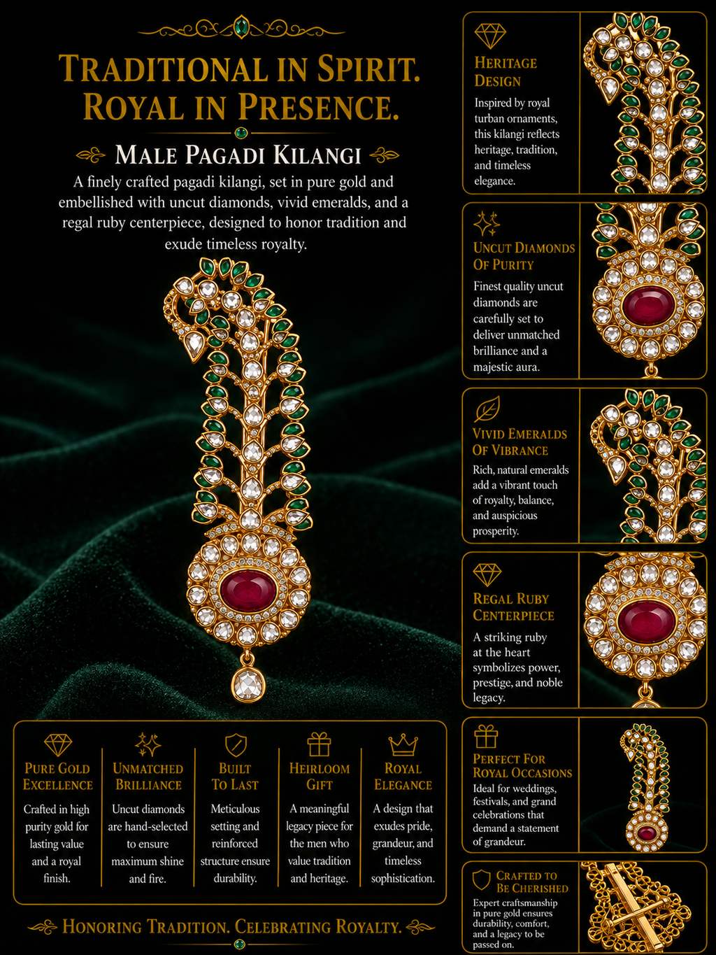 Emerald Ruby Feather Style Kundan Kilangi Brooch