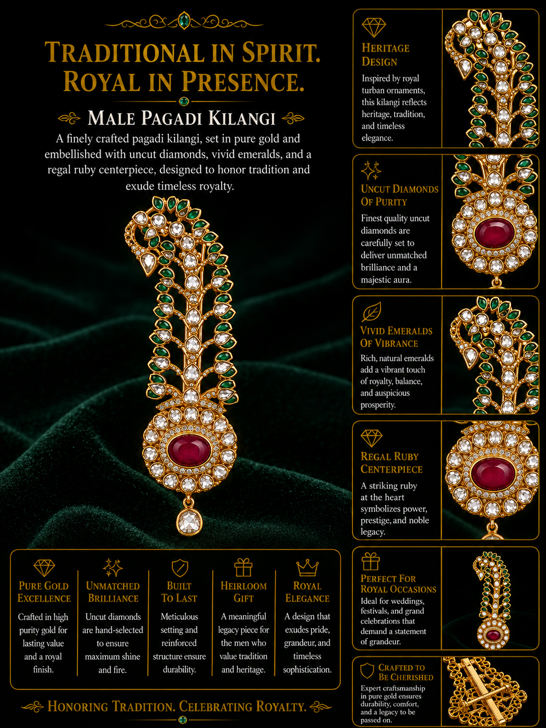 Emerald Ruby Feather Style Kundan Kilangi Brooch