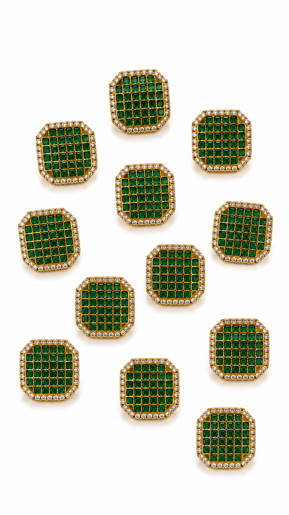 Ornate Square Jewelry Buttons for Sherwanis & Suits – Green and White Crystal Set
