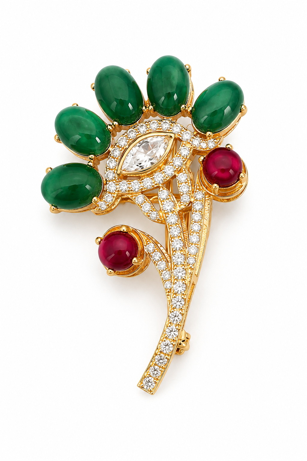 Emerald & Ruby Cabochon Floral Spray Brooch with Marquise Crystal Centre in Gold