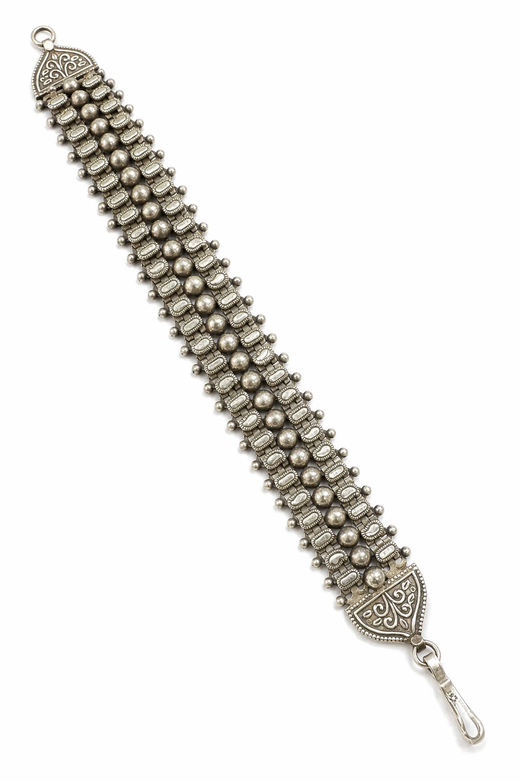 Oxidized Silver Multi-Layer Beaded Statement Bracelet with Tribal Detailing