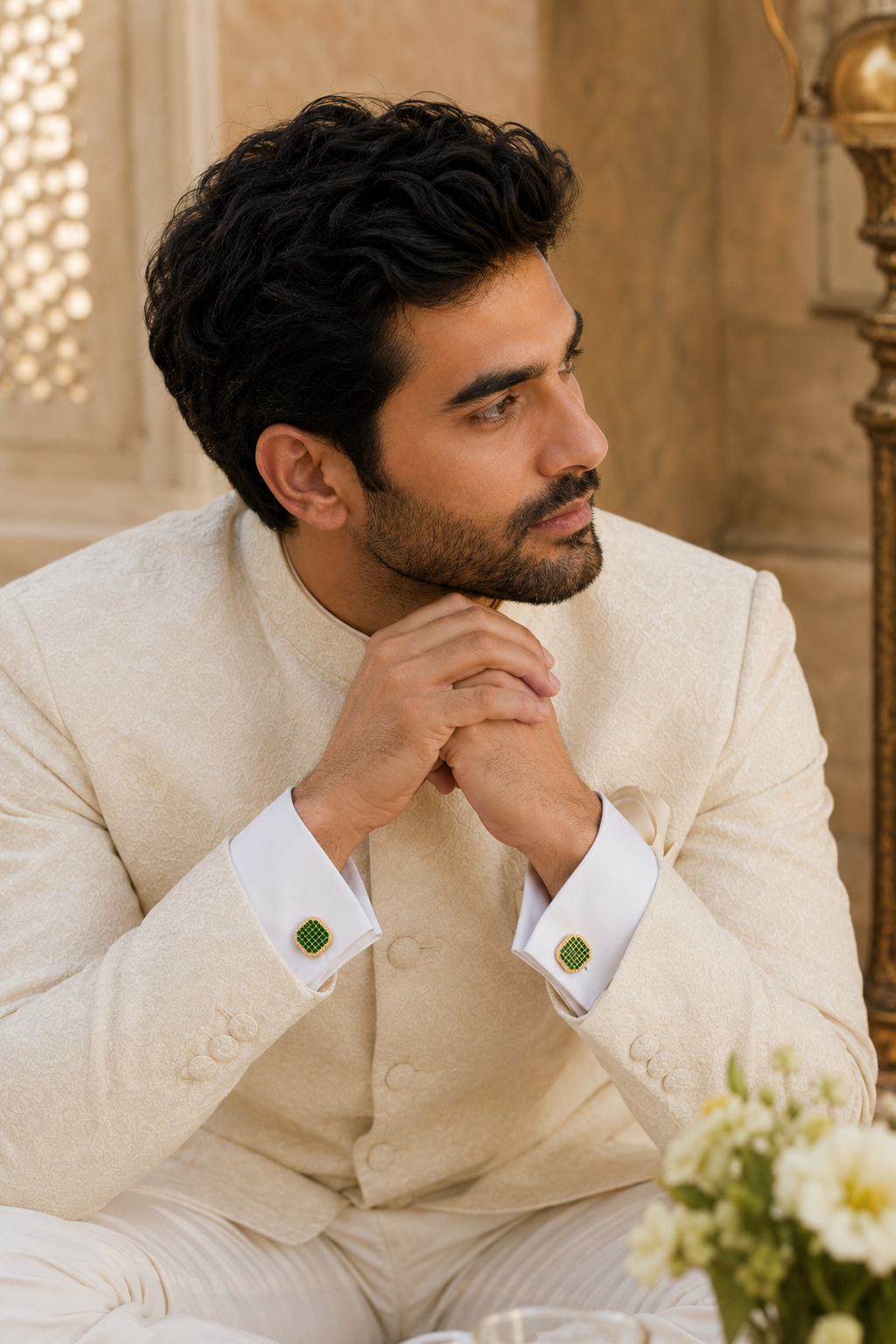 Ornate Square Jewelry Cufflinks for Sherwanis & Suits – Green and White Crystal Set