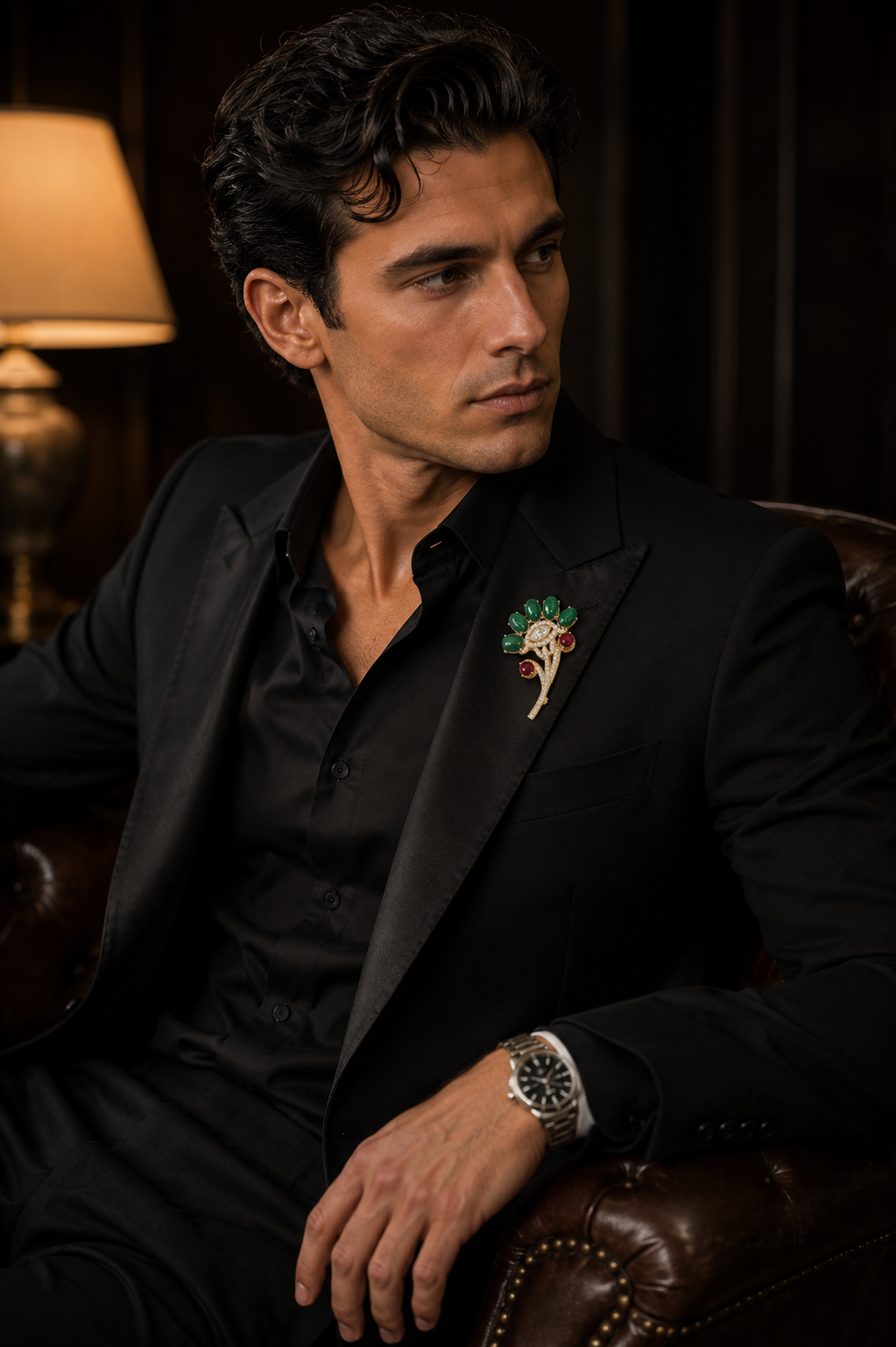 Emerald & Ruby Cabochon Floral Spray Brooch with Marquise Crystal Centre in Gold
