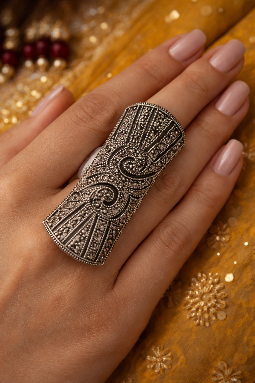Artisan Hand-Etched Full-Finger Statement Ring