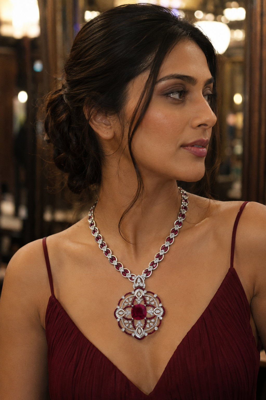 Ruby & Diamond Floral Medallion Pendant Necklace