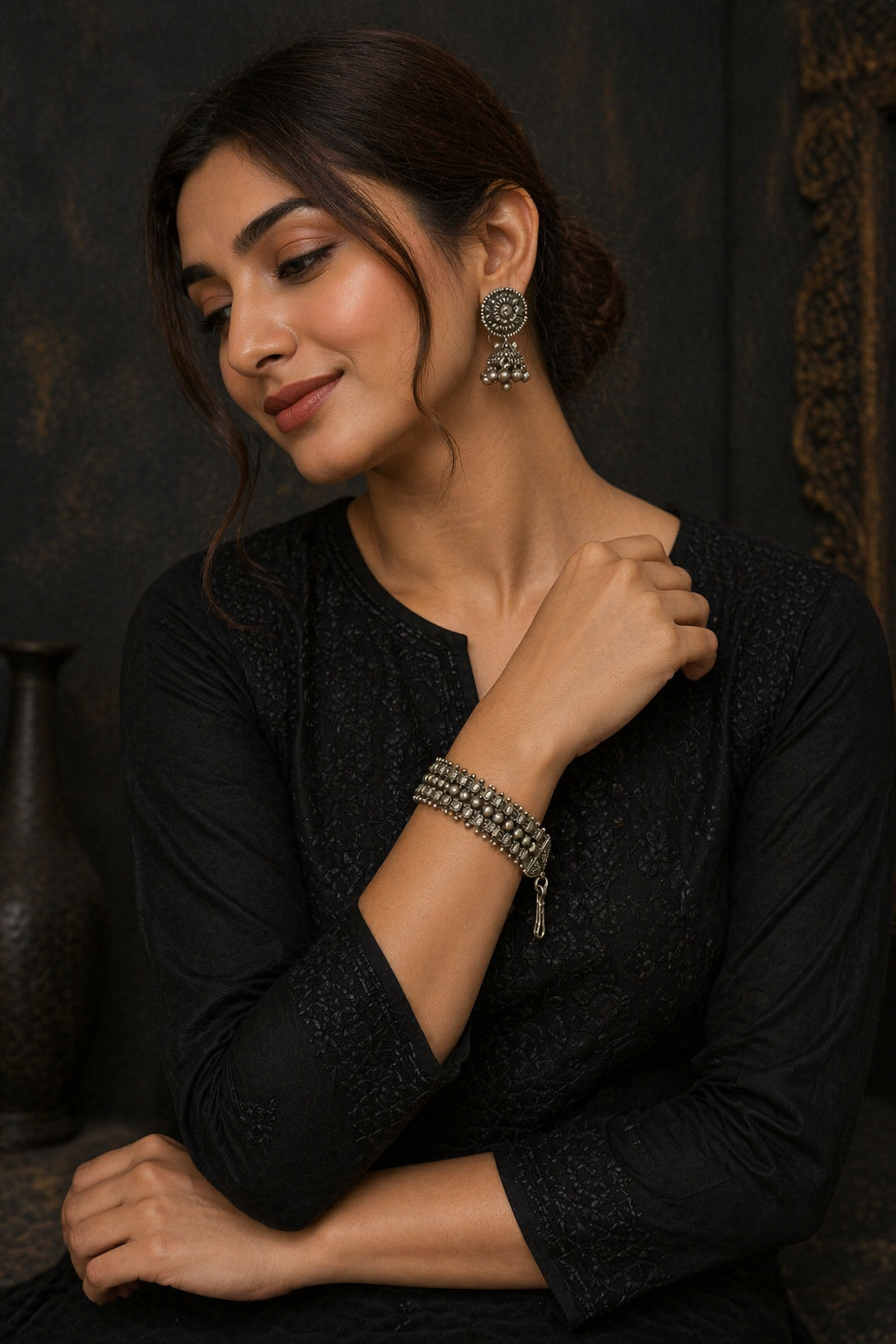 Oxidized Silver Multi-Layer Beaded Statement Bracelet with Tribal Detailing