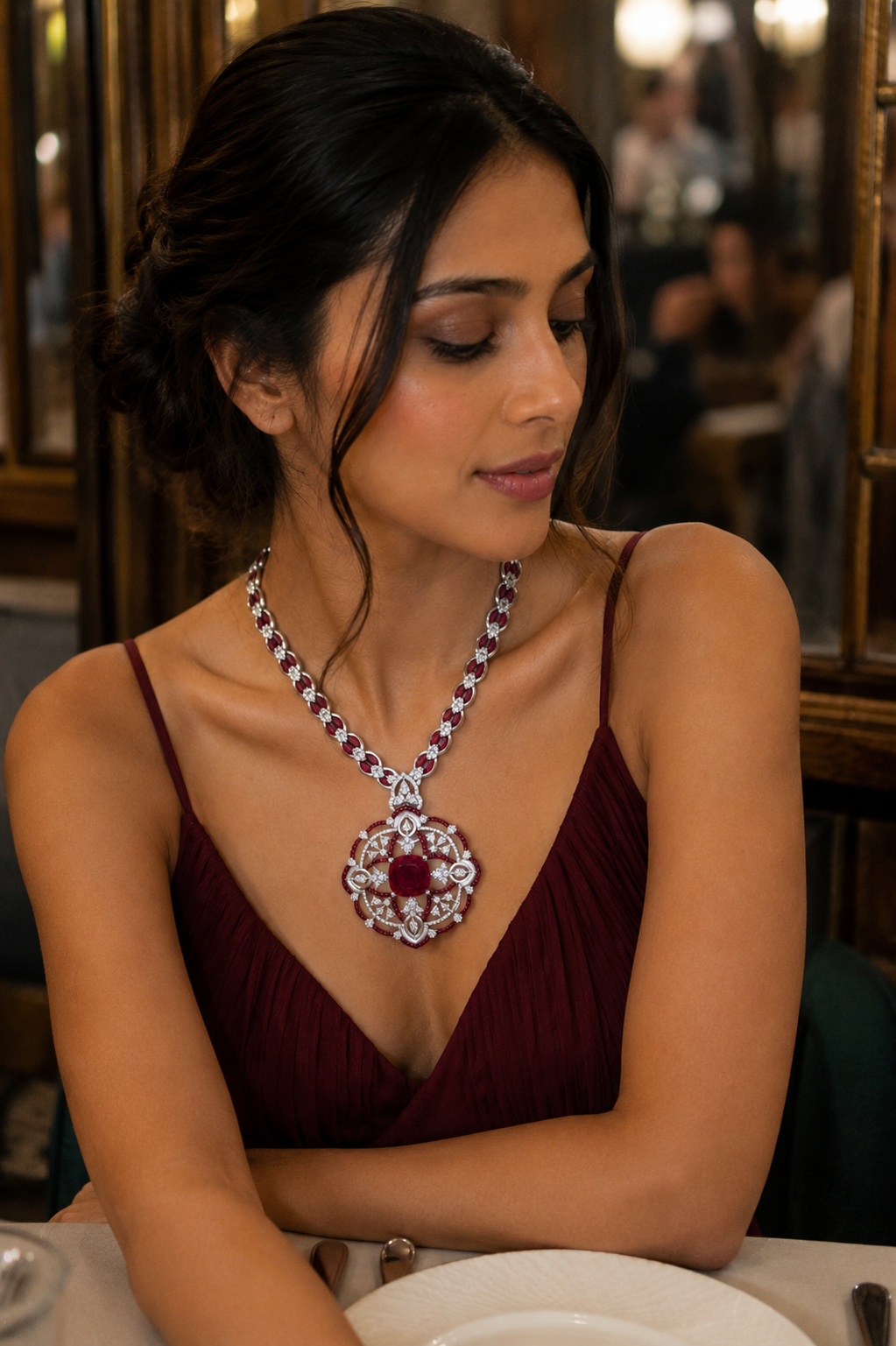 Ruby & Diamond Floral Medallion Pendant Necklace