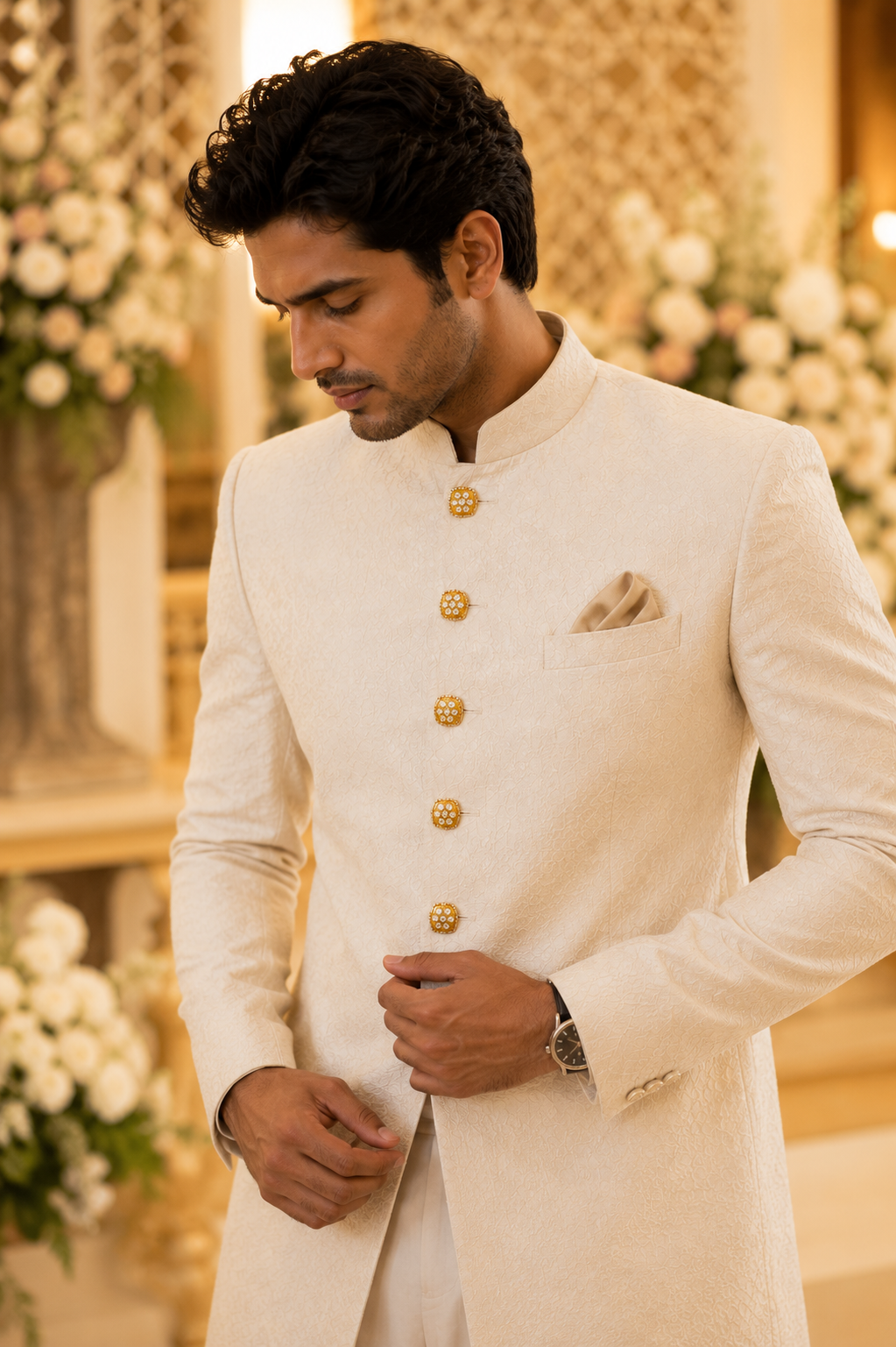 Square Gold Floral Buttons – Set for Sherwanis, Blazers, and Designer Suits