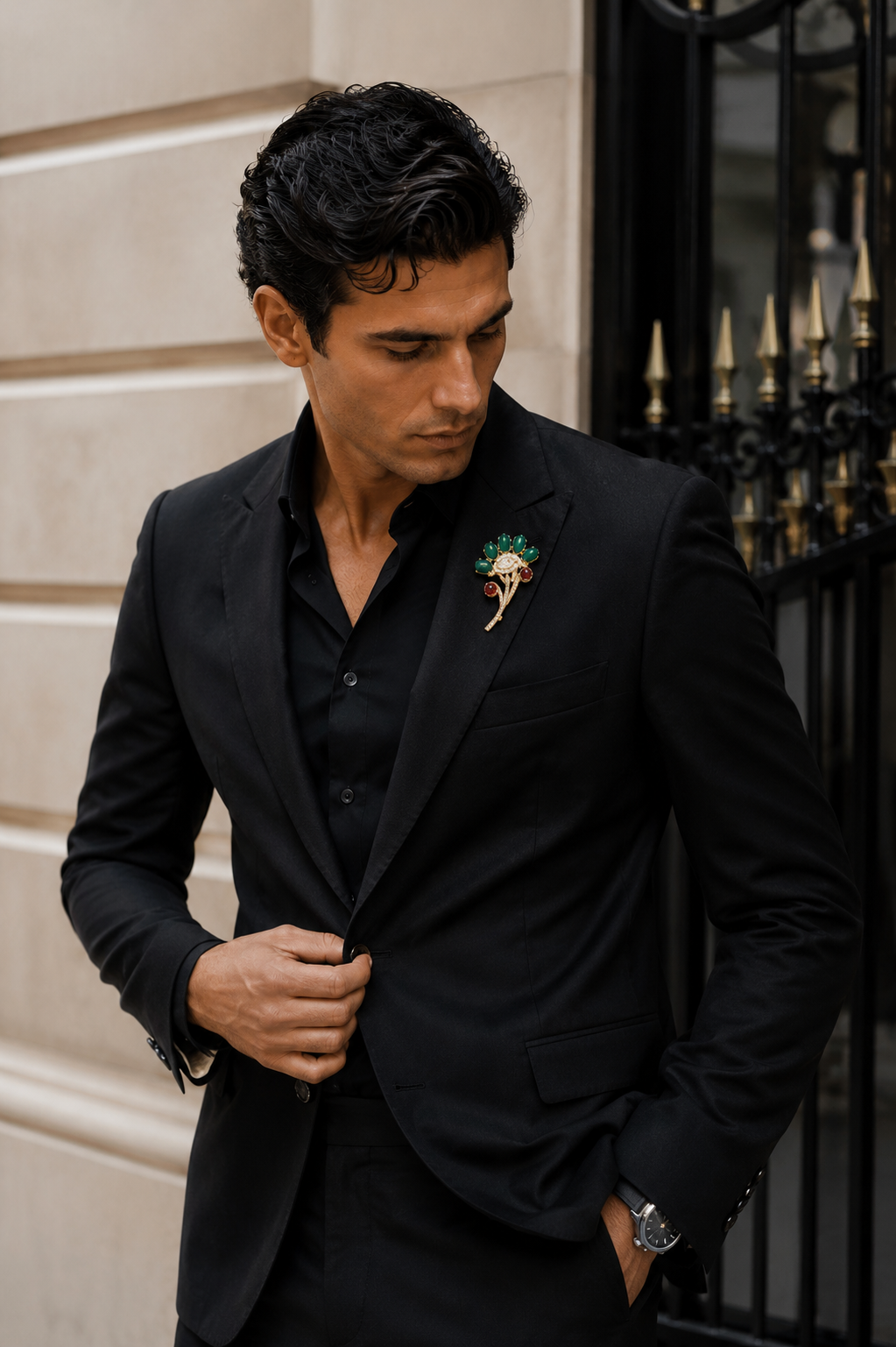 Emerald & Ruby Cabochon Floral Spray Brooch with Marquise Crystal Centre in Gold