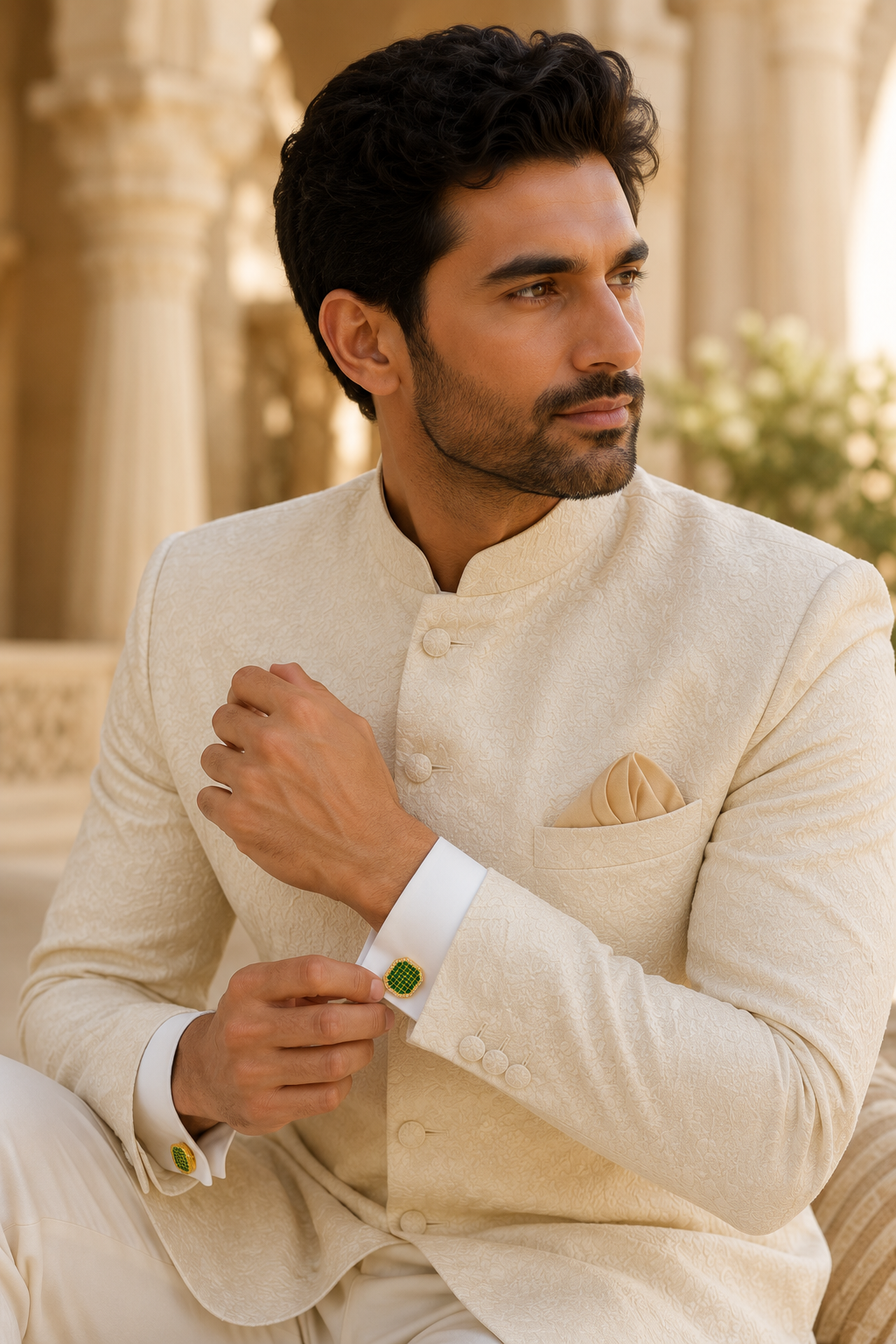 Ornate Square Jewelry Cufflinks for Sherwanis & Suits – Green and White Crystal Set