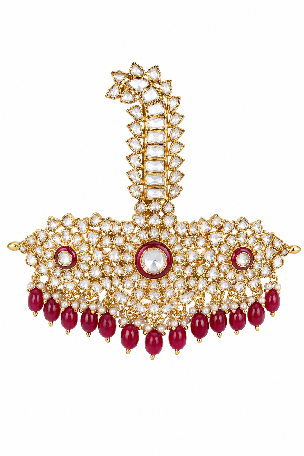 Royal Ruby Pearl Fringe Kundan Sarpech Brooch