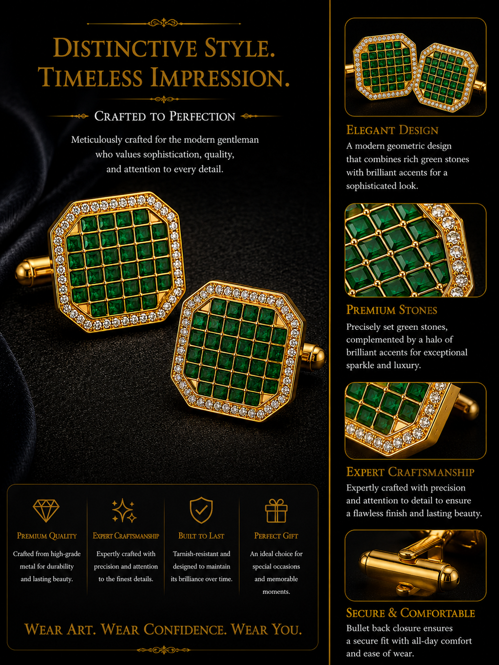 Ornate Square Jewelry Cufflinks for Sherwanis & Suits – Green and White Crystal Set