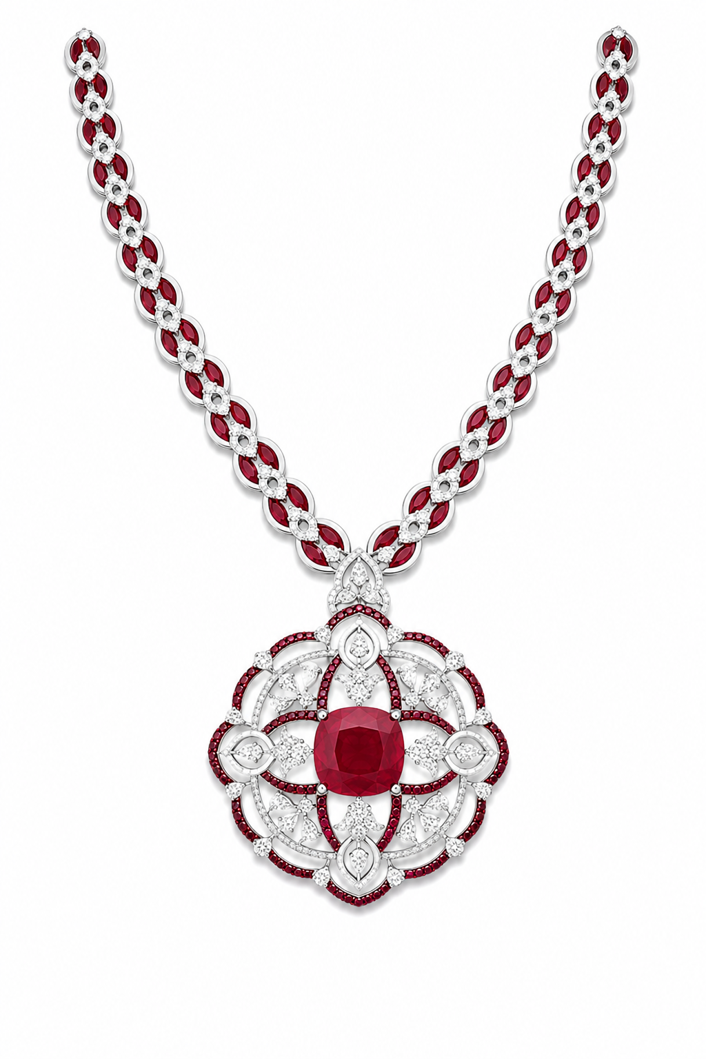Ruby & Diamond Floral Medallion Pendant Necklace
