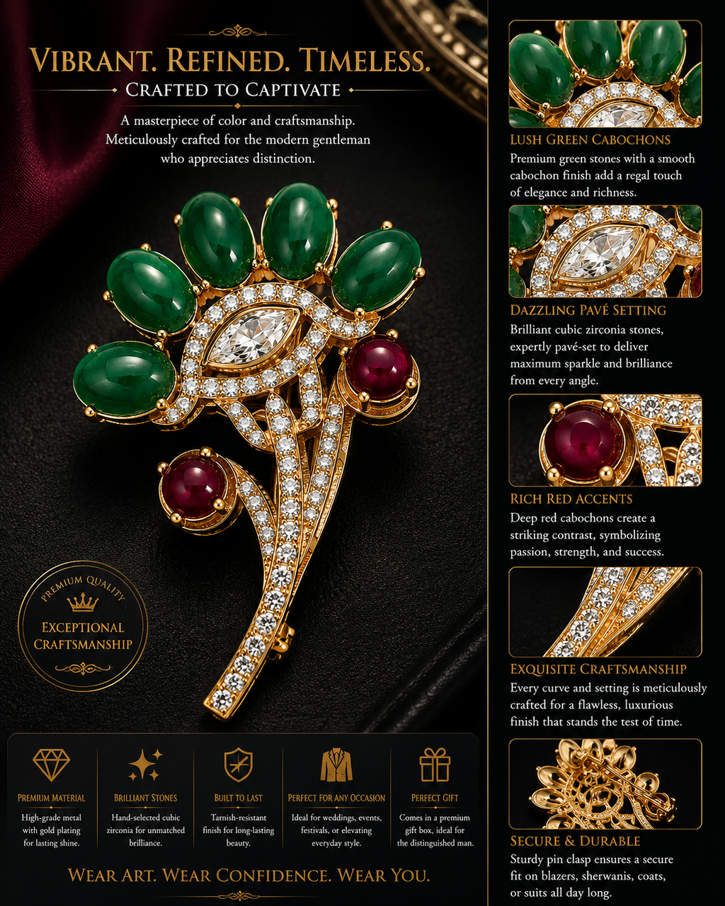Emerald & Ruby Cabochon Floral Spray Brooch with Marquise Crystal Centre in Gold