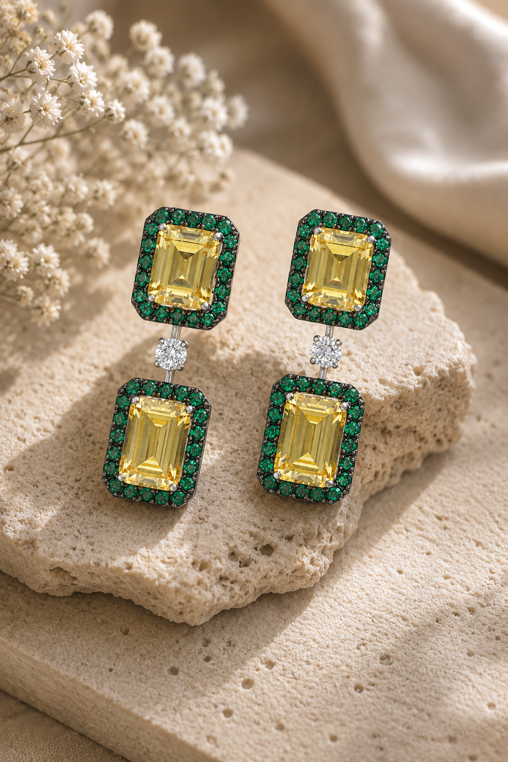 Emerald Halo Canary Stone Drop Earrings