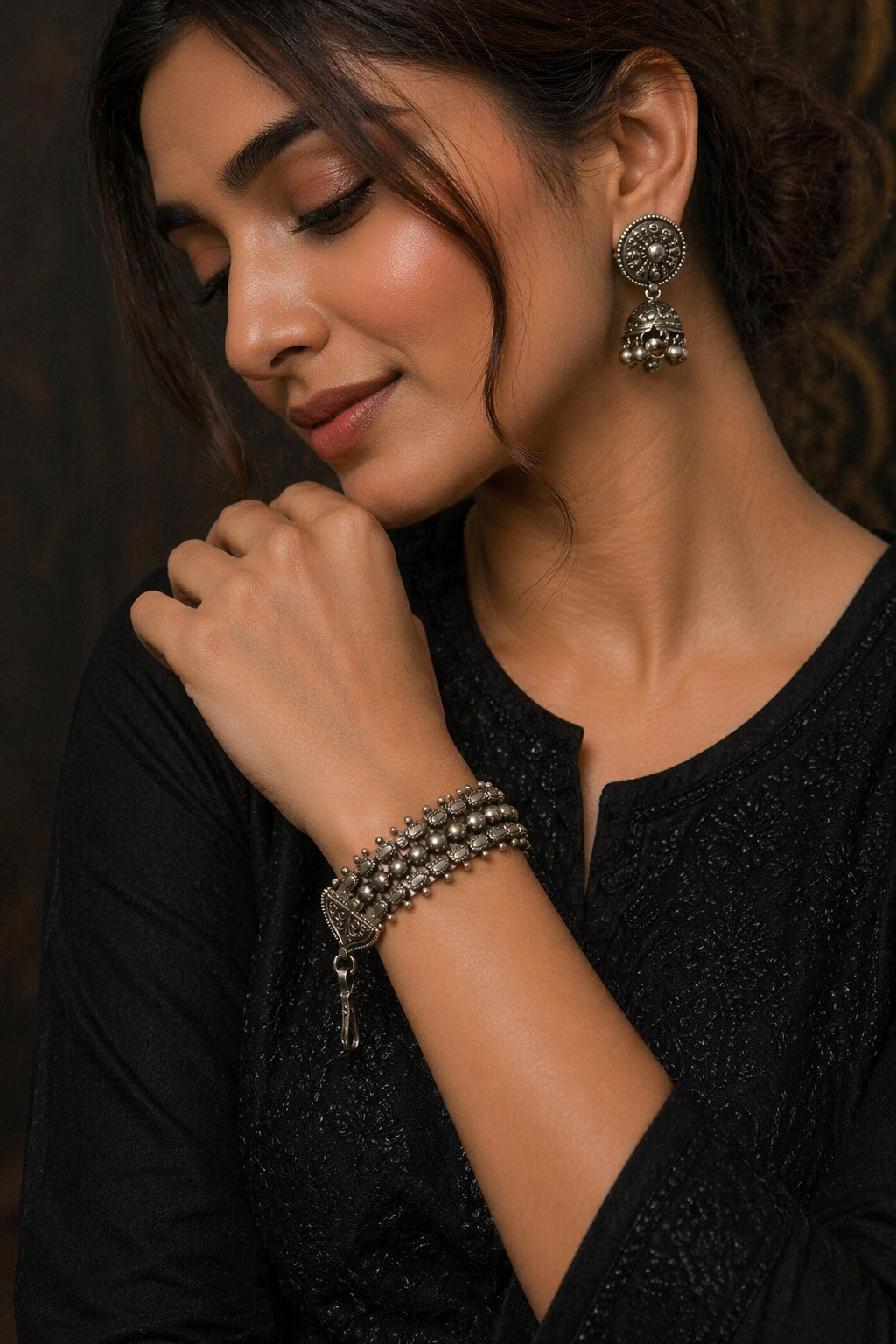 Oxidized Silver Multi-Layer Beaded Statement Bracelet with Tribal Detailing
