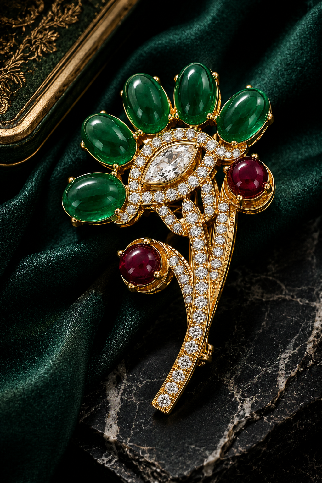 Emerald & Ruby Cabochon Floral Spray Brooch with Marquise Crystal Centre in Gold