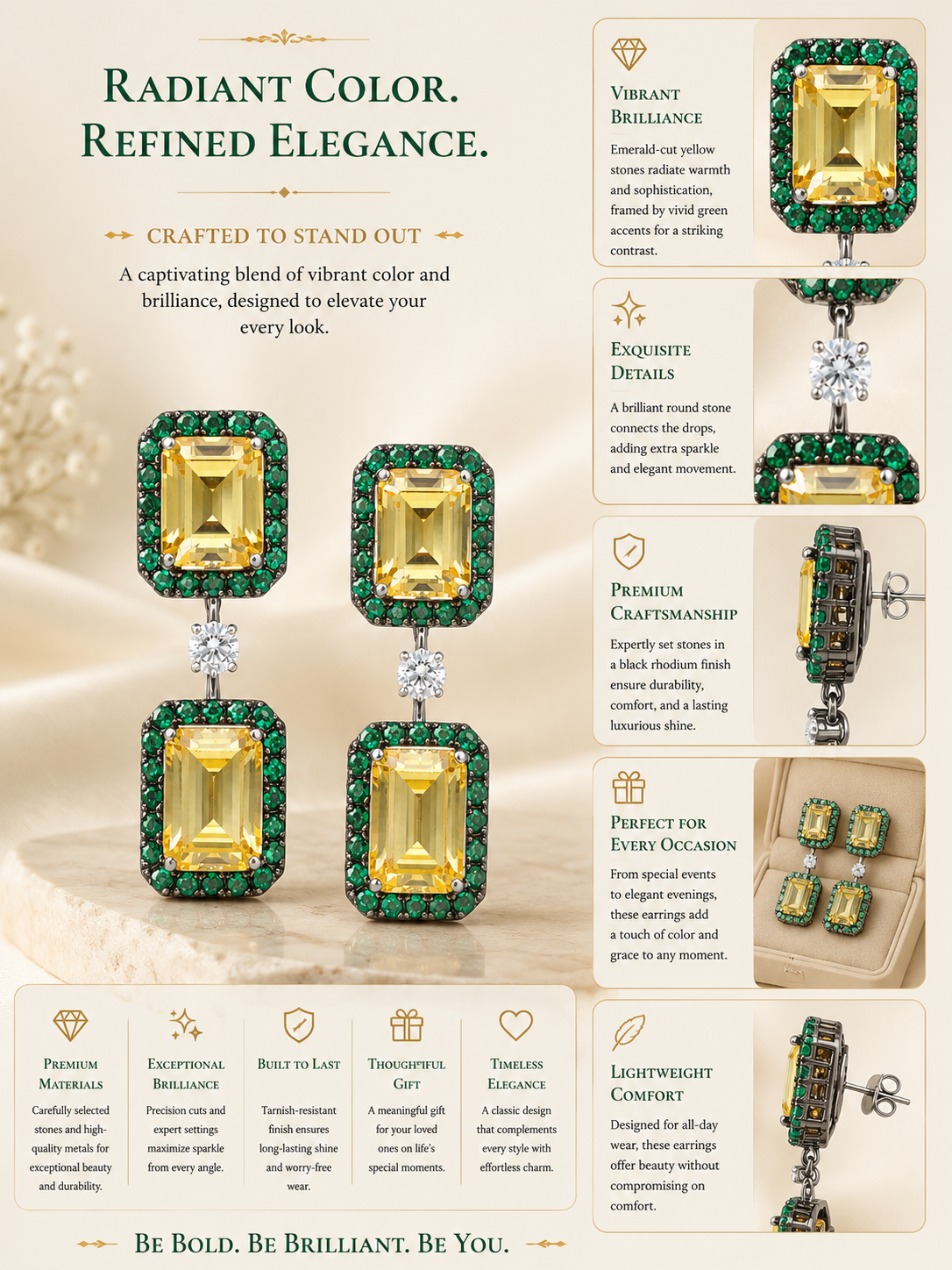Emerald Halo Canary Stone Drop Earrings