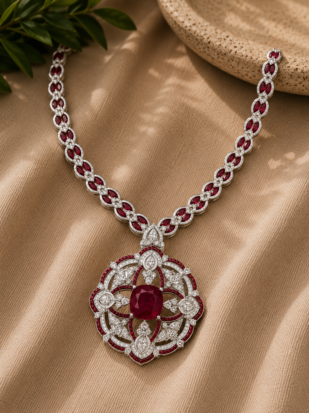 Ruby & Diamond Floral Medallion Pendant Necklace
