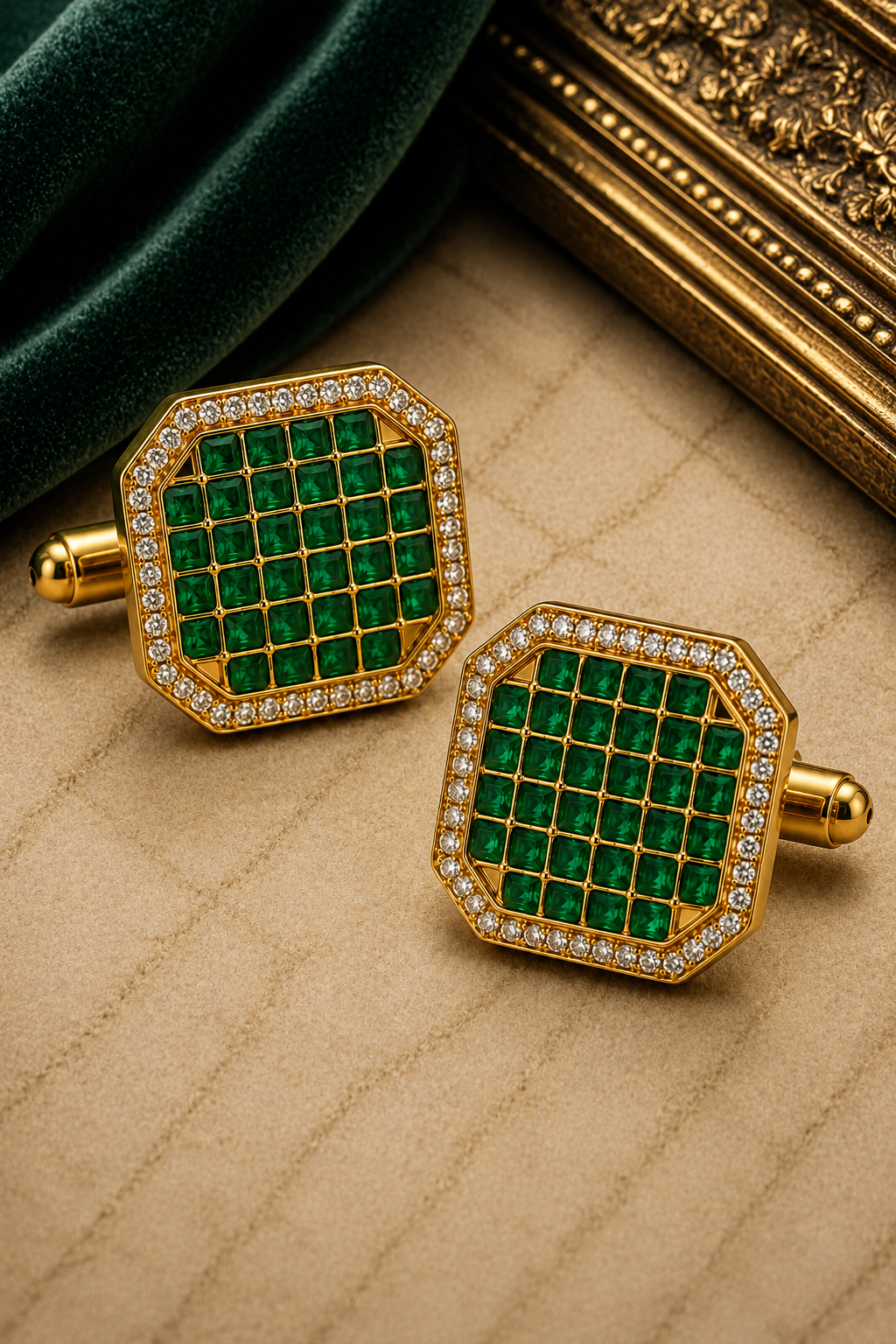 Ornate Square Jewelry Cufflinks for Sherwanis & Suits – Green and White Crystal Set