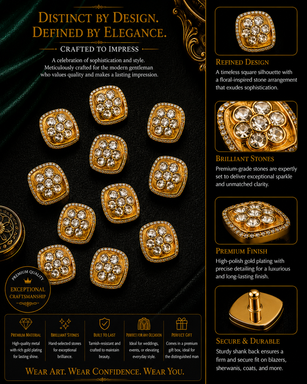 Square Gold Floral Buttons – Set for Sherwanis, Blazers, and Designer Suits