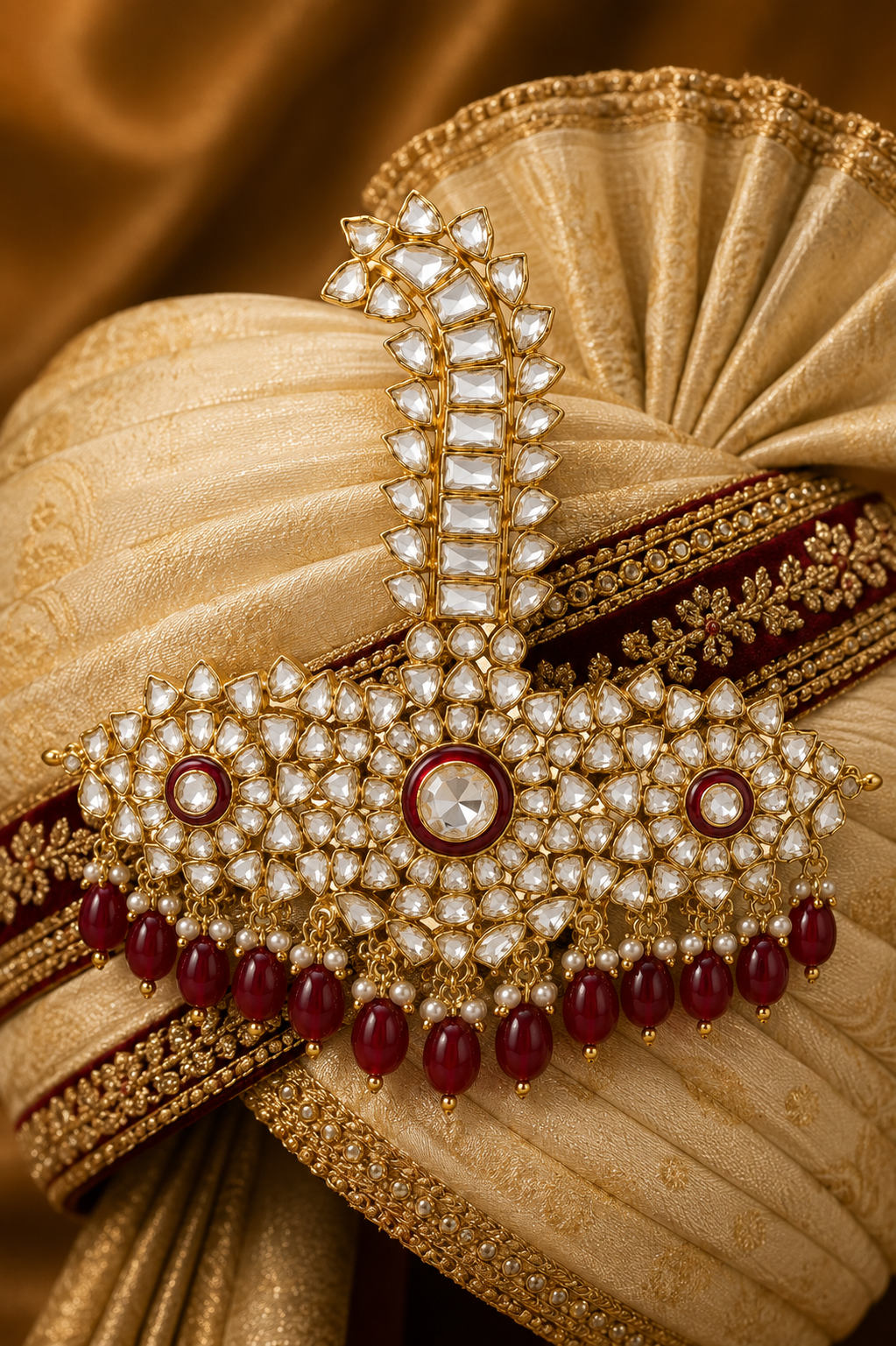Royal Ruby Pearl Fringe Kundan Sarpech Brooch
