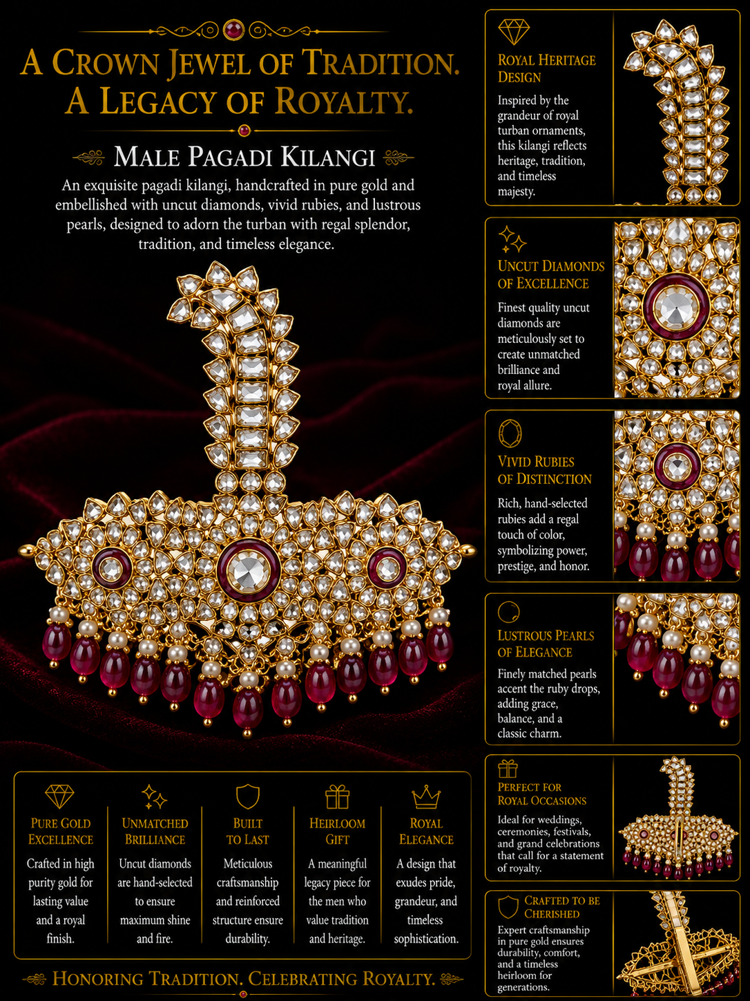 Royal Ruby Pearl Fringe Kundan Sarpech Brooch