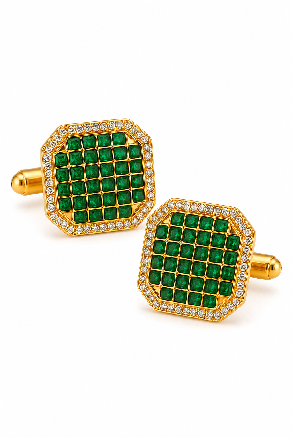 Ornate Square Jewelry Cufflinks for Sherwanis & Suits – Green and White Crystal Set
