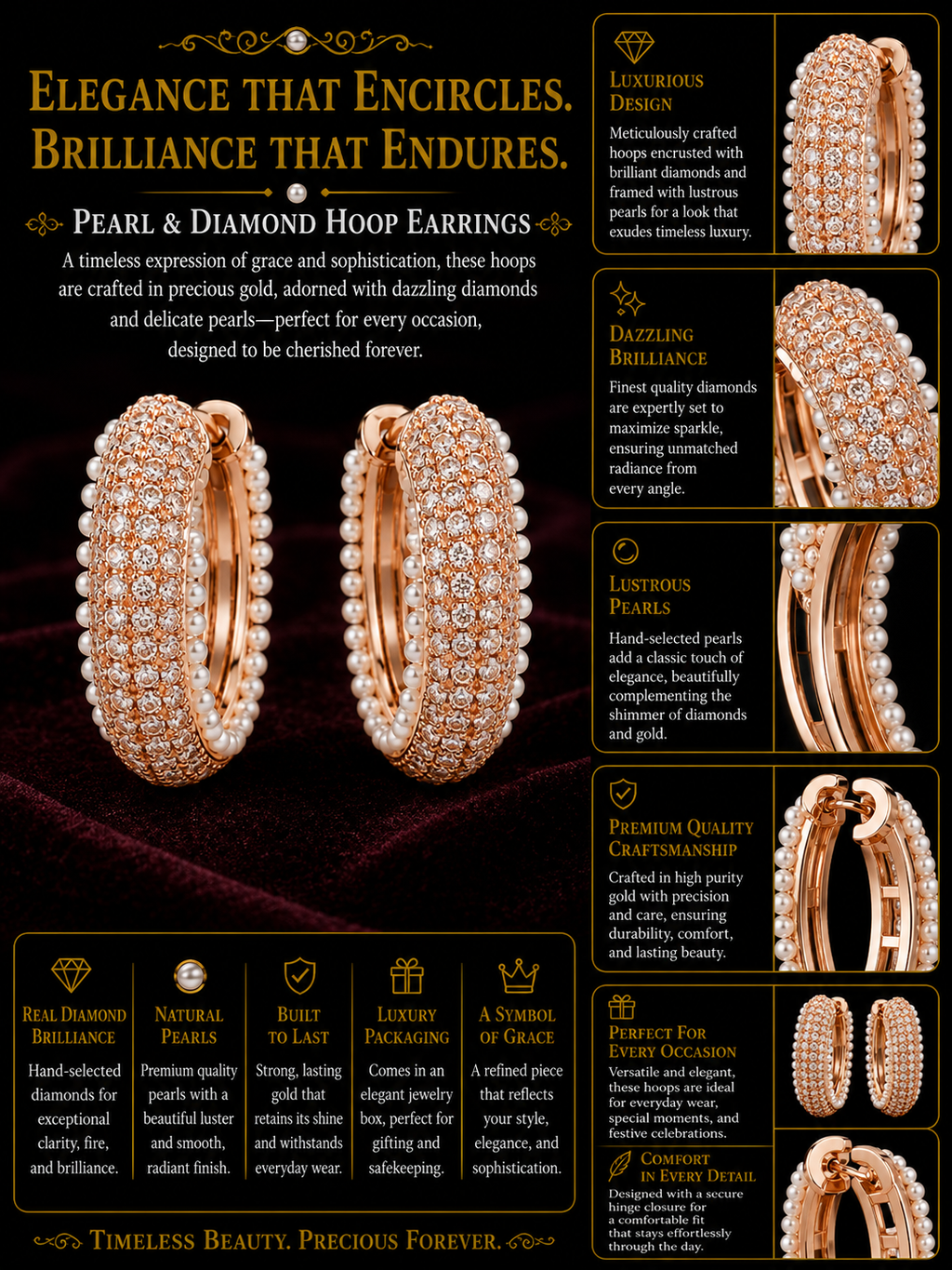 Rose Gold Pavé Pearl Hoop Earrings