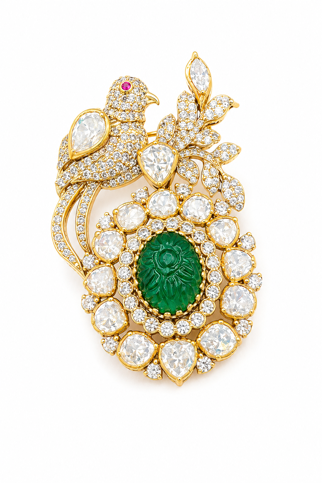 Carved Emerald & Polki Crystal Bird Brooch — Mughal Inspired Statement Pin in Gold