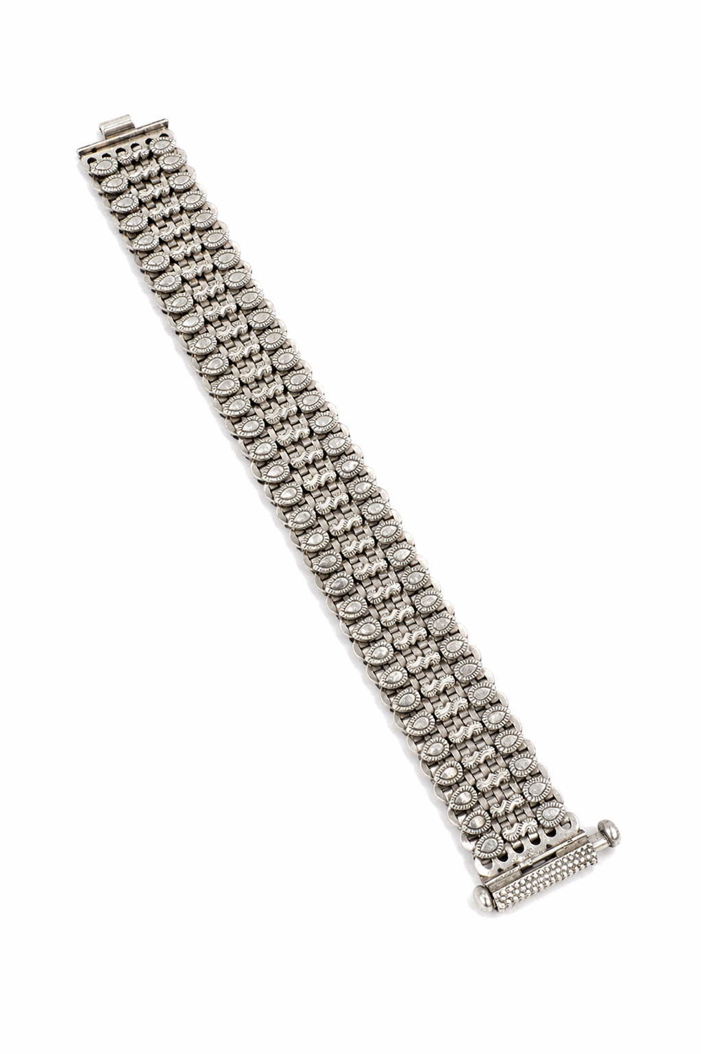 Oxidized Silver Grid Disc Statement Bracelet with Vintage Texture