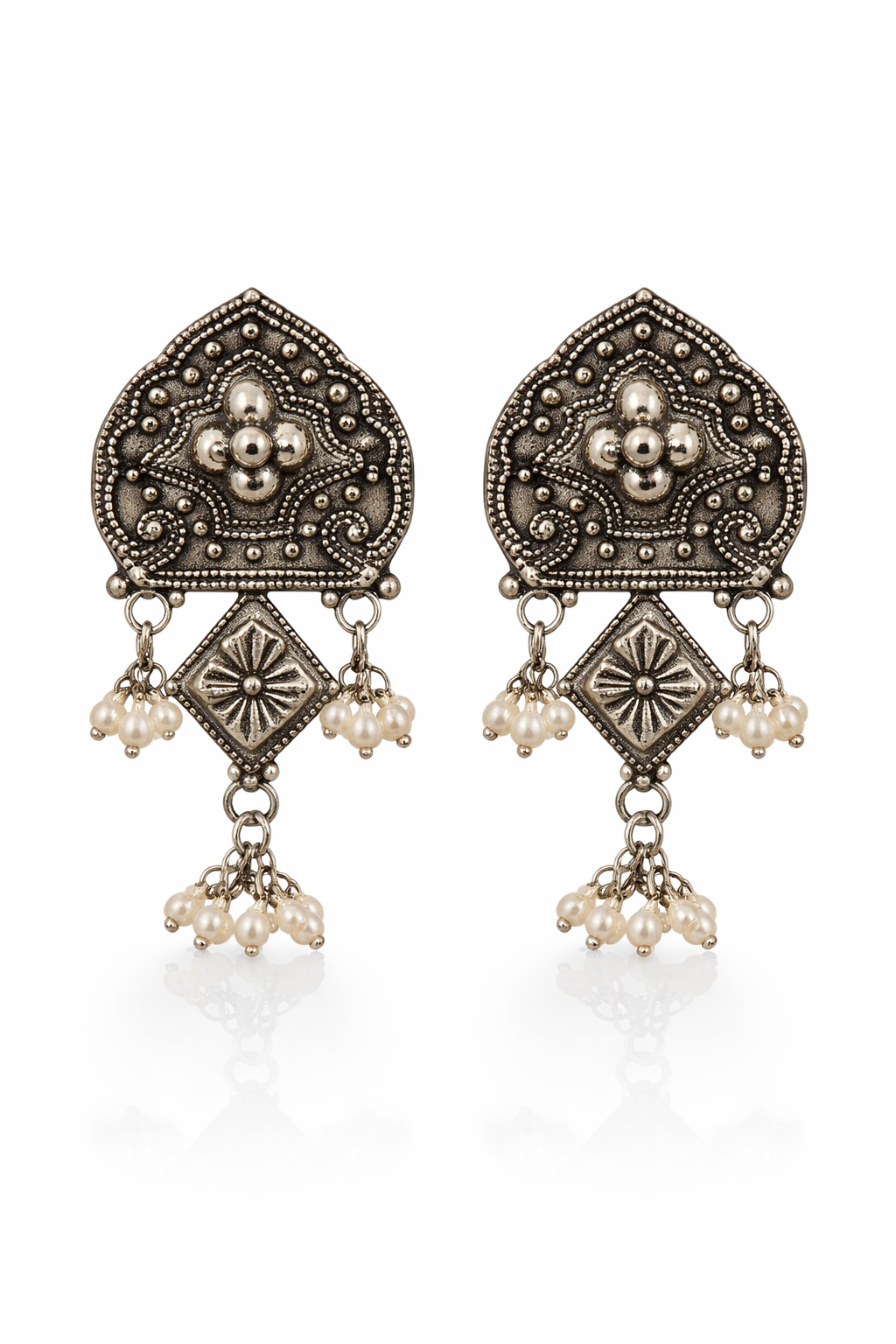 Artisan Hand-Etched Silver Shield Earrings with Pearl Bunches