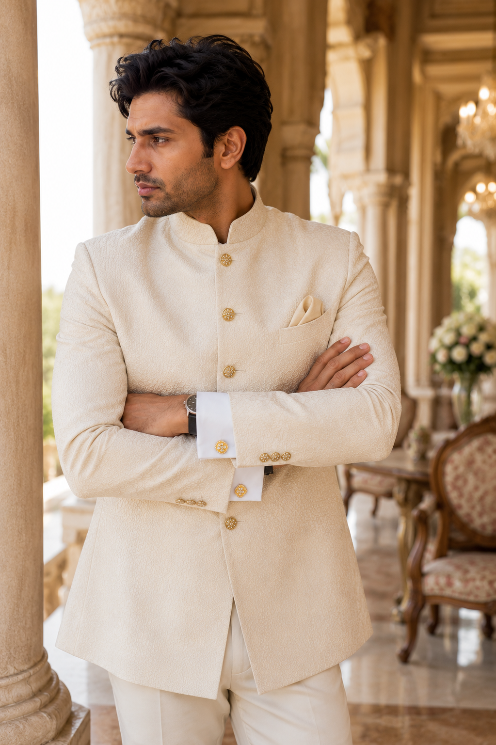Square Gold Floral Cufflinks – Luxury Jewelry for Sherwanis, Blazers, and Suits