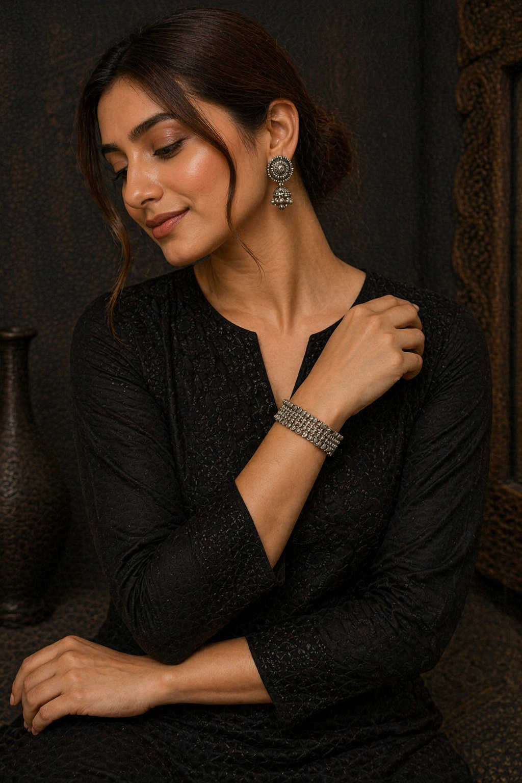 Oxidized Silver Grid Disc Statement Bracelet with Vintage Texture