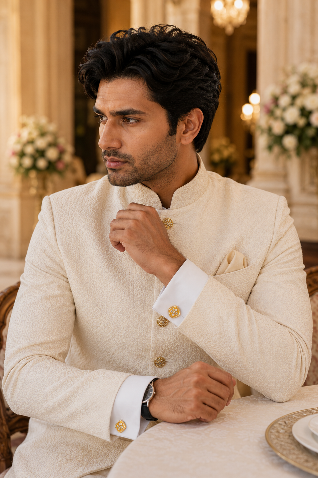 Square Gold Floral Cufflinks – Luxury Jewelry for Sherwanis, Blazers, and Suits