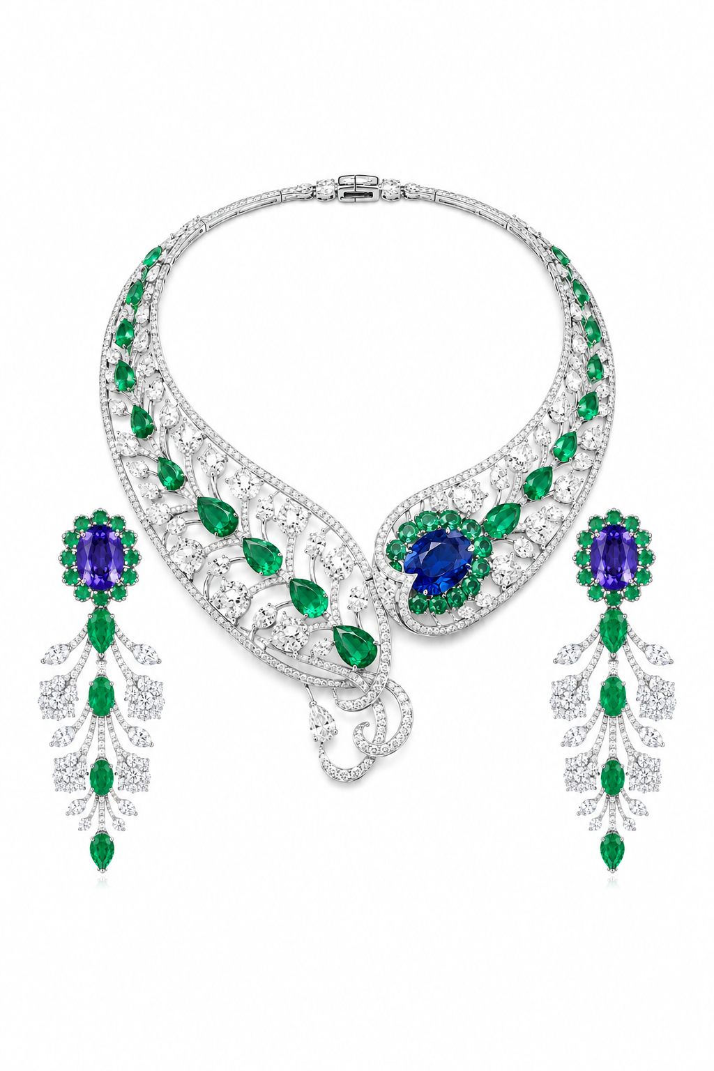 Sapphire & Emerald Royal Peacock-Inspired Necklace Set